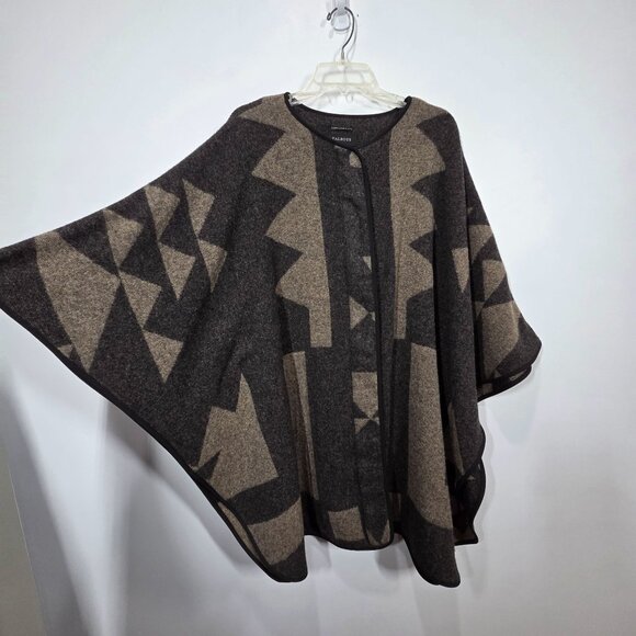 Talbots Cape Medium Gray Tan Wool Blend Zip Up Boho Southwestern Poncho - Picture 2 of 10